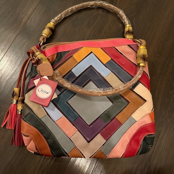 Chaos Handbags - NWT CHAOS By Elsie Multi Color Solid Genuine Leather Rhombus Pattern Tote Bag